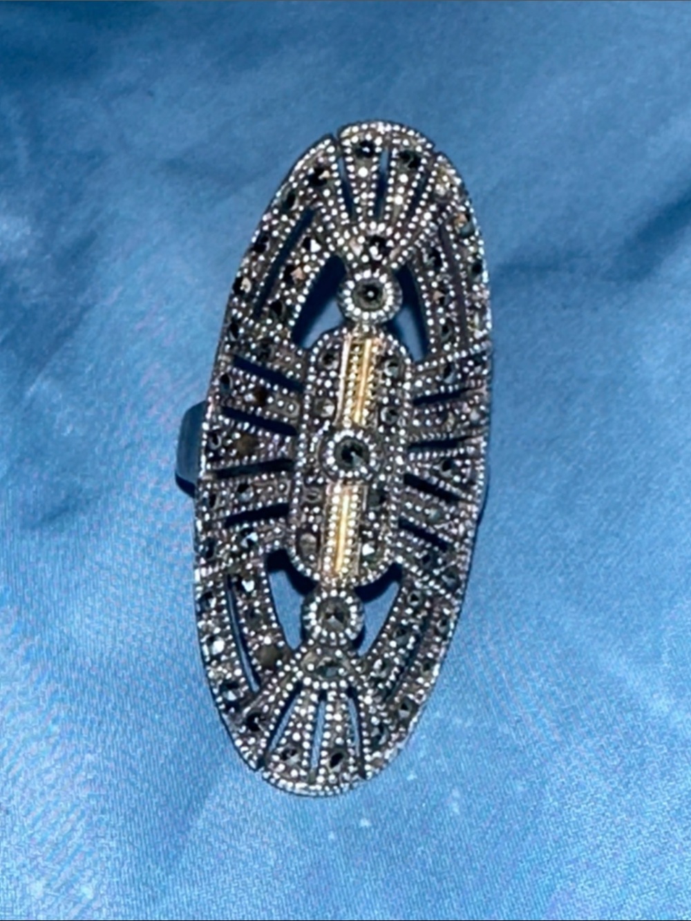 Size 7 - Vintage-Inspired Black and Gold Marcasite Oval Cocktail Ring